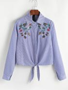 Romwe Blue Vertical Striped Embroidered Tie Hem Blouse