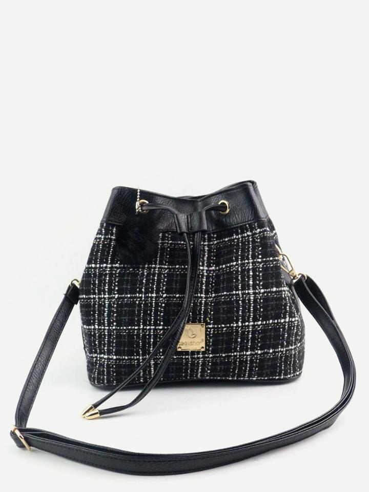 Romwe Black Plaid Random Color Pom Pom Drawstring Bucket Bag