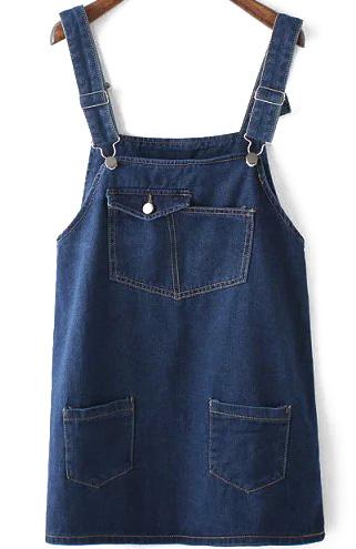 Romwe Straps With Pockets Denim Navy Dress