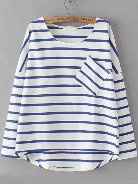 Romwe Blue White Round Neck Striped Pocket Dip Hem T-shirt