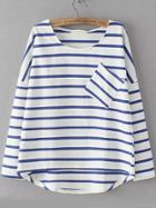 Romwe Blue White Round Neck Striped Pocket Dip Hem T-shirt