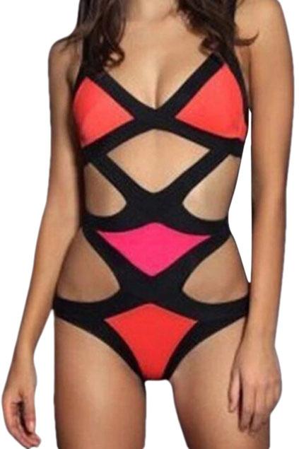 Romwe Romwe Hollow Color Block Halter Bikini