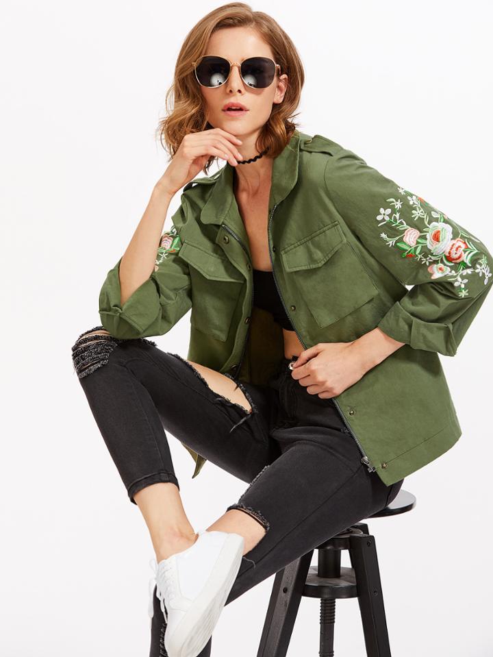 Romwe Symmetrical Embroidered Sleeve Pocket Front Utility Jacket