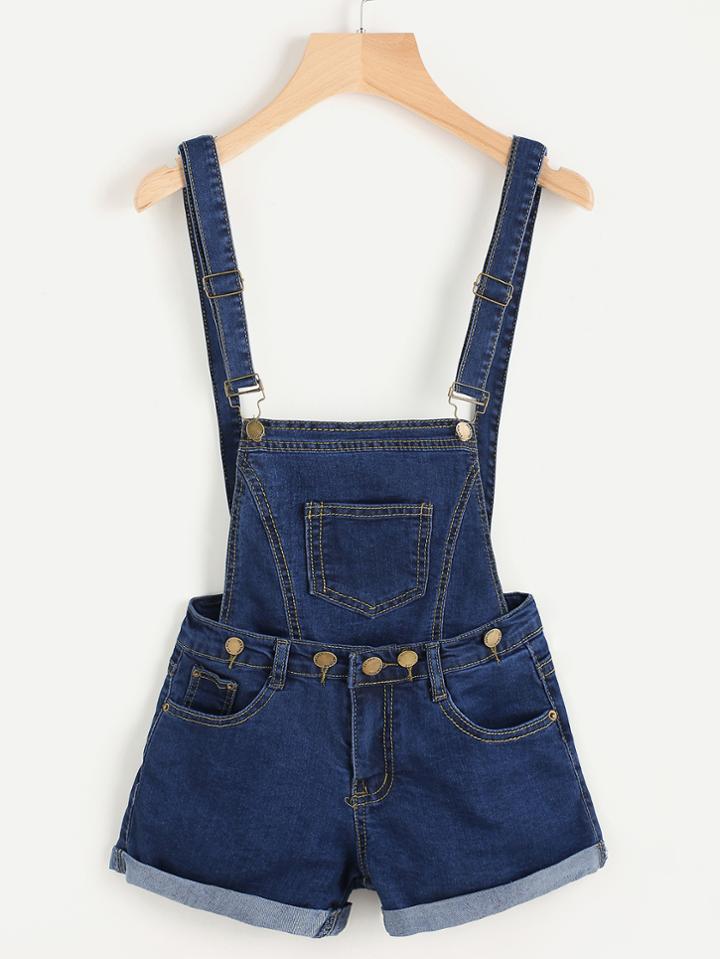 Romwe Pocket Front Cuffed Chambray Pinafore Playsuit