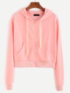 Romwe Pink Drawstring Hooded Crop Zip Pocket Sweatshirt
