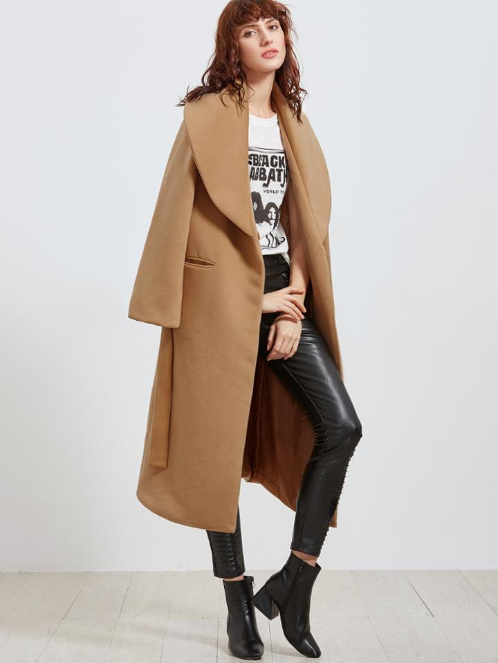 Romwe Khaki Oversized Shawl Collar Wrap Coat