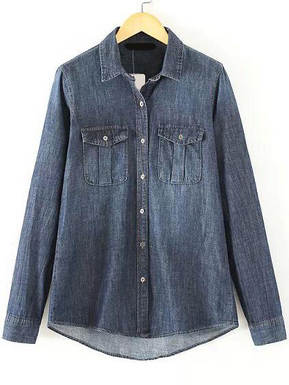 Romwe Lapel Dip Hem Pockets Denim Blouse