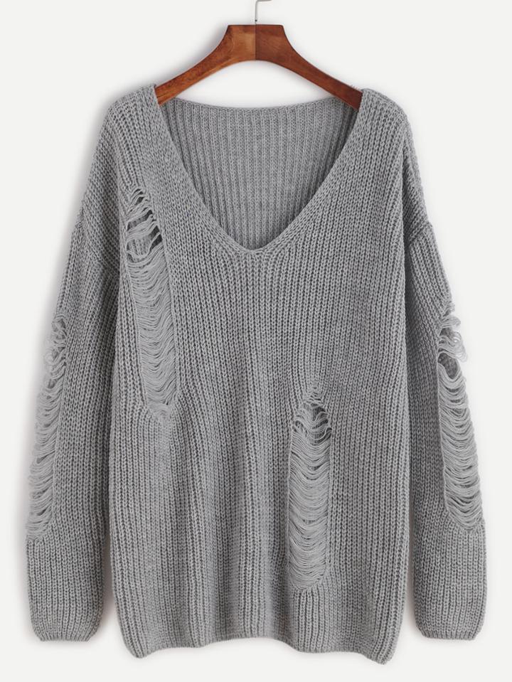 Romwe Grey V Neck Drop Shoulder Ripped Sweater