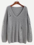 Romwe Grey V Neck Drop Shoulder Ripped Sweater