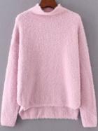 Romwe Pink Mock Neck Dip Hem Sweater