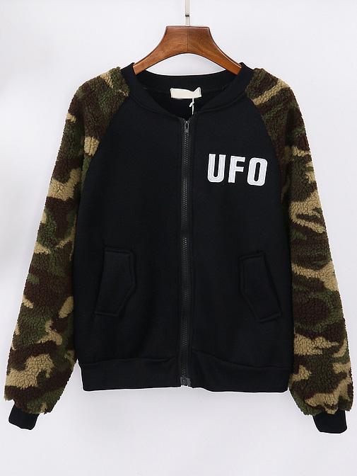 Romwe Letter Embroidered Pockets Camouflage Jacket