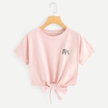 Romwe Elephant Print Knot Hem Tee