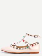 Romwe Apricot Pointed Toe Studded Buckle T-strap Flats