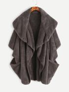 Romwe Grey Drape Front Pockets Fuzzy Coat