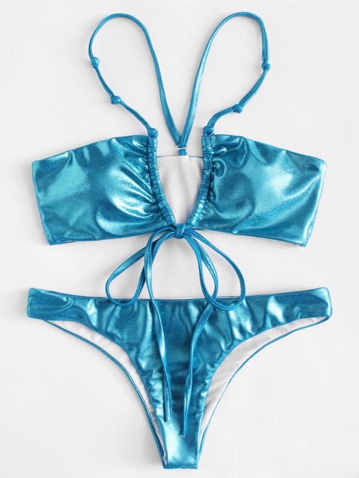 Romwe Drawstring Glitter Bikini Set