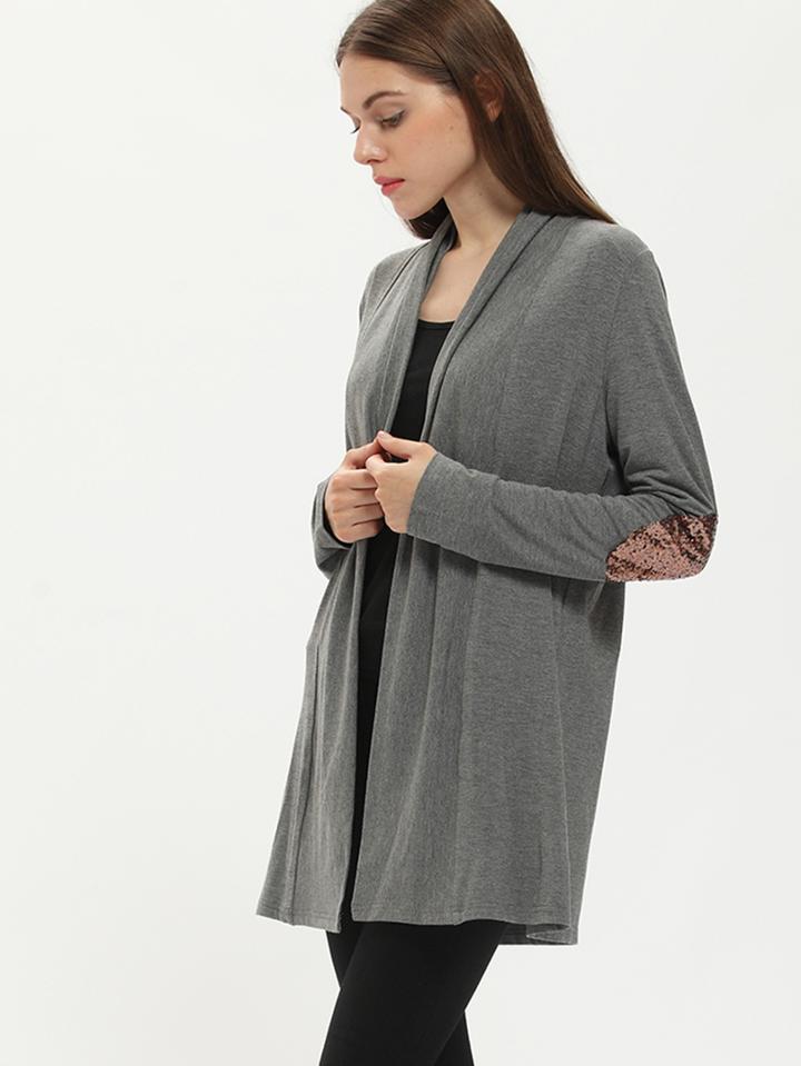 Romwe Grey Elbow Patch Sequined Coat