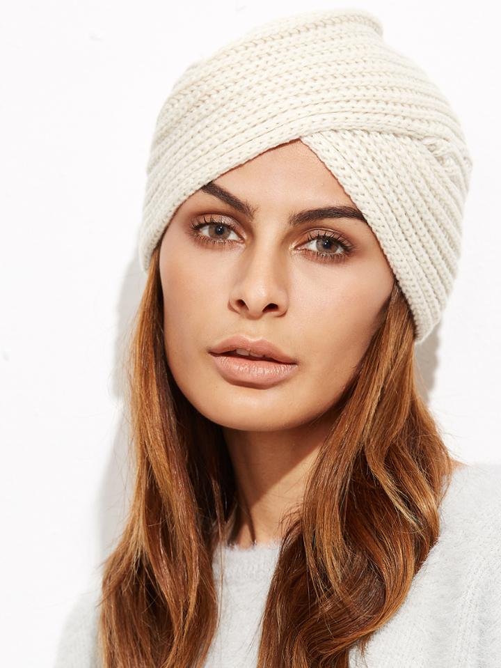 Romwe Beige Ribbed Knit Turban Hat