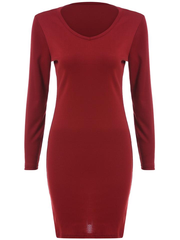 Romwe V Neck Long Sleeve Tight Wine Red Dress
