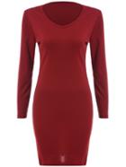 Romwe V Neck Long Sleeve Tight Wine Red Dress