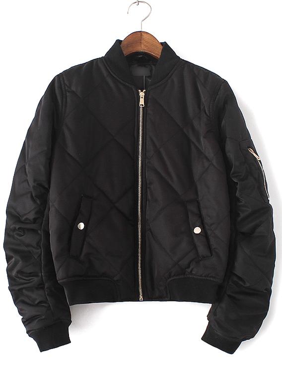 Romwe Black Crew Neck Rib-knit Cuff Pockets Jacket