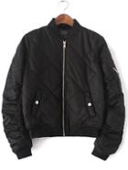 Romwe Black Crew Neck Rib-knit Cuff Pockets Jacket