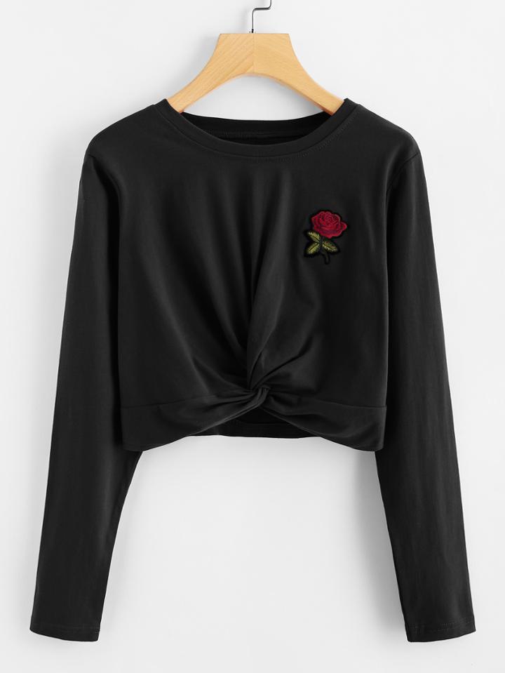 Romwe Rose Embroidered Patch Twist Detail Tee