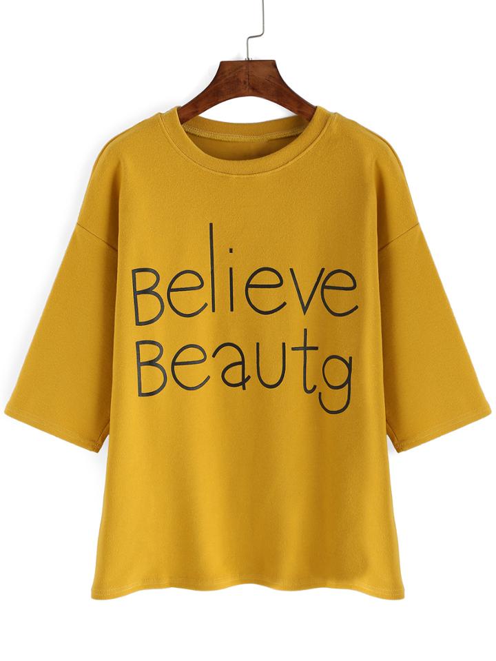 Romwe Dropped Shoulder Seam Letter Print Yellow T-shirt