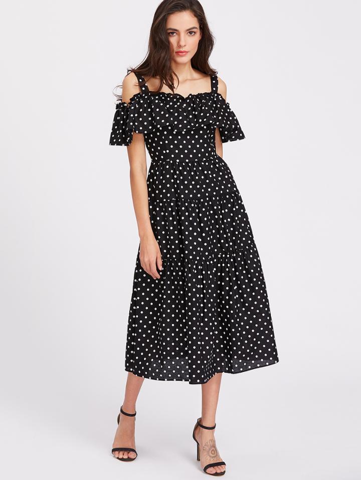 Romwe Flounce Layered Neckline Polka Dot Tea Length Dress