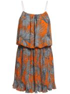 Romwe Spaghetti Strap Leaves Print Chiffon Orange Dress