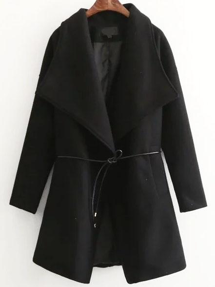 Romwe Black Shawl Collar Wool Blend Coat With Self Tie