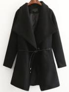 Romwe Black Shawl Collar Wool Blend Coat With Self Tie
