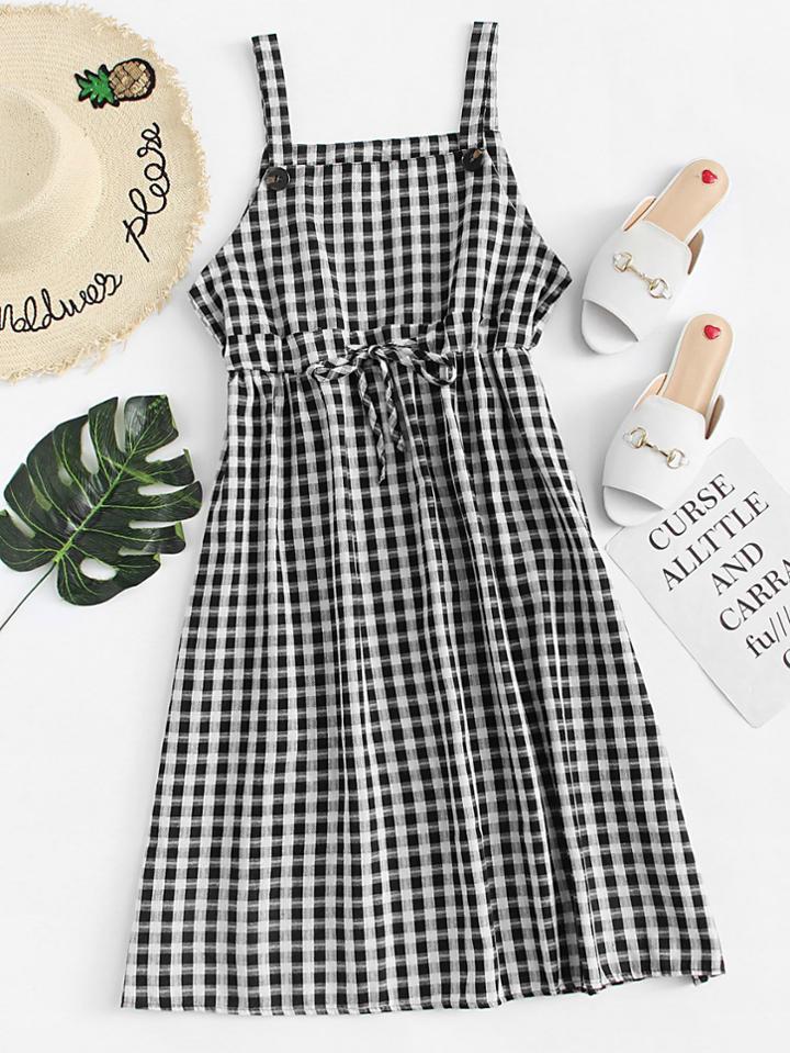 Romwe Button Detail Drawstring Waist Cami Dress