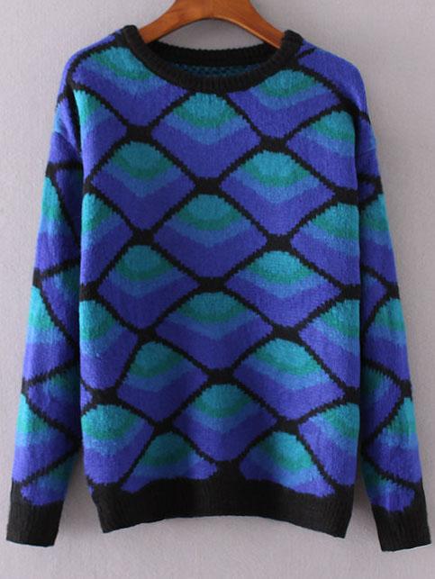 Romwe Blue Geometric Pattern Round Neck Knitwear