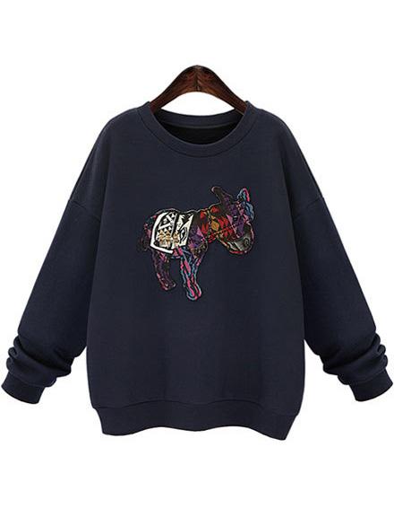 Romwe Round Neck Bead Patch Navy Sweatshirt
