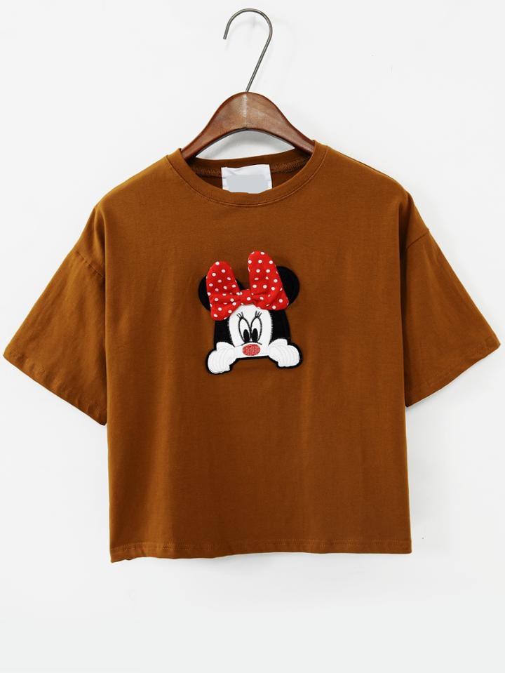 Romwe Mickey Patch With Bow Khaki T-shirt