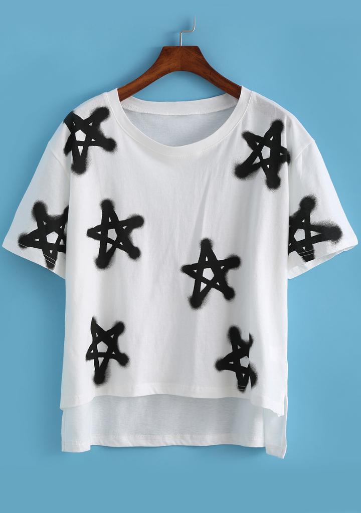 Romwe Dip Hem Star Print T-shirt