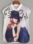 Romwe White  Character Print Sleeveless Blouse