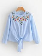 Romwe Embroidered Flower Knot Striped Blouse