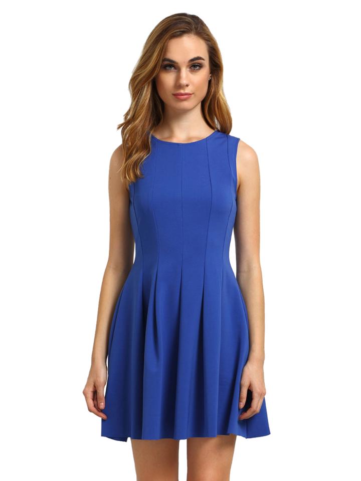 Romwe Ocean Blue Round Neck Sleeveless Pleated Flare Dress
