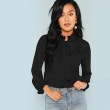 Romwe Tie Neck Eyelash Lace Trim Bishop Sleeve Top