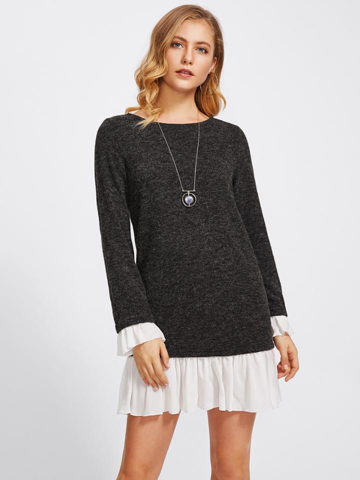 Romwe Contrast Cuff And Hem Heathered Dress