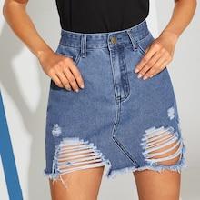Romwe Button Waist Ripped Denim Skirt