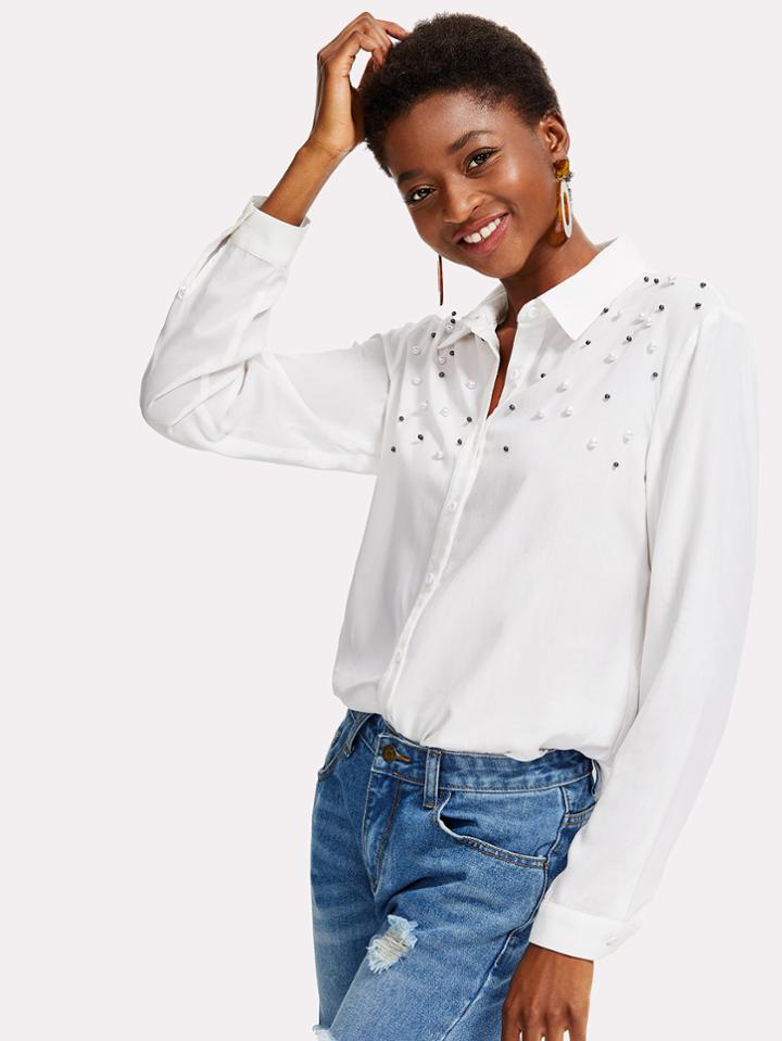 Romwe Pearl Detail Button Up Blouse