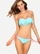 Romwe Contrast Trim Sky Blue Fringe Bikini Set