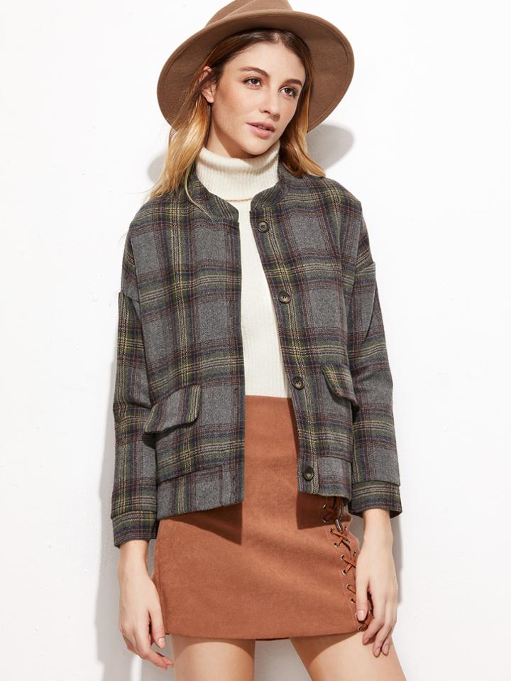 Romwe Dropped Shoulder Seam Plaid Single Breasted Coat