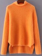 Romwe Orange Mock Neck Dip Hem Sweater
