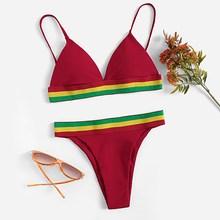Romwe Triangle Top With Striped Hem Bikini Set