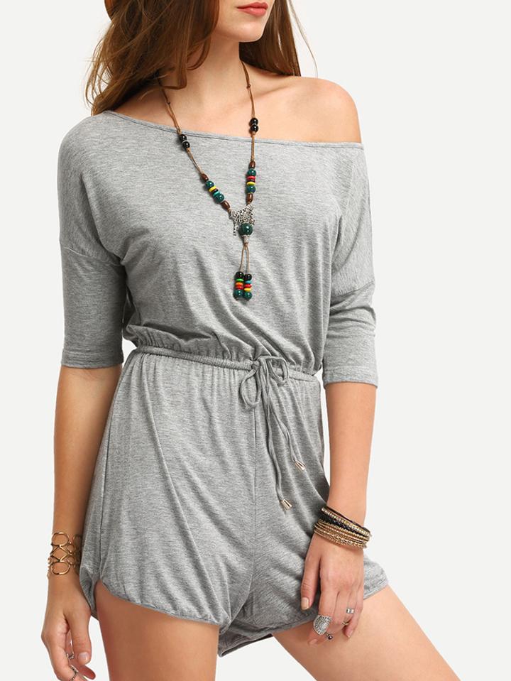 Romwe Grey Off The Shoulder Self-tie Waist Romper