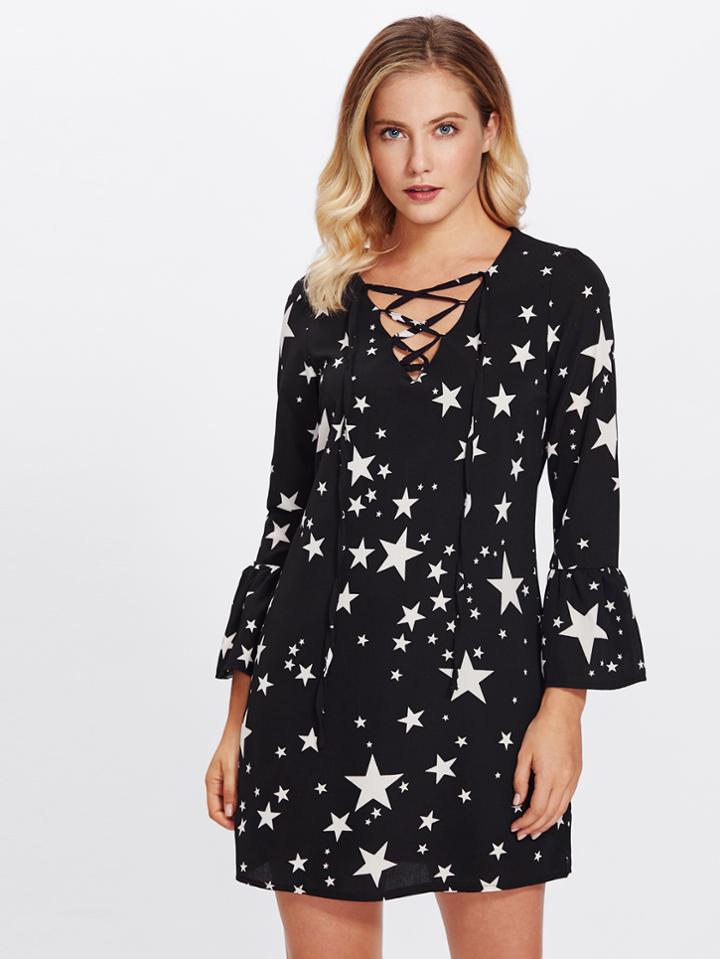 Romwe Lace Up V Neck Star Print Dress