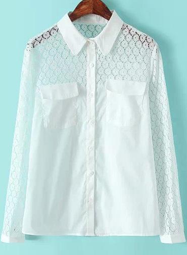 Romwe White Long Sleeve Lace Sheer Pockets Blouse